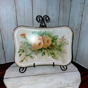 Vintage Hand Painted Porcelain Trinket Tray Dish Gold Trimmed 10" Rectangle